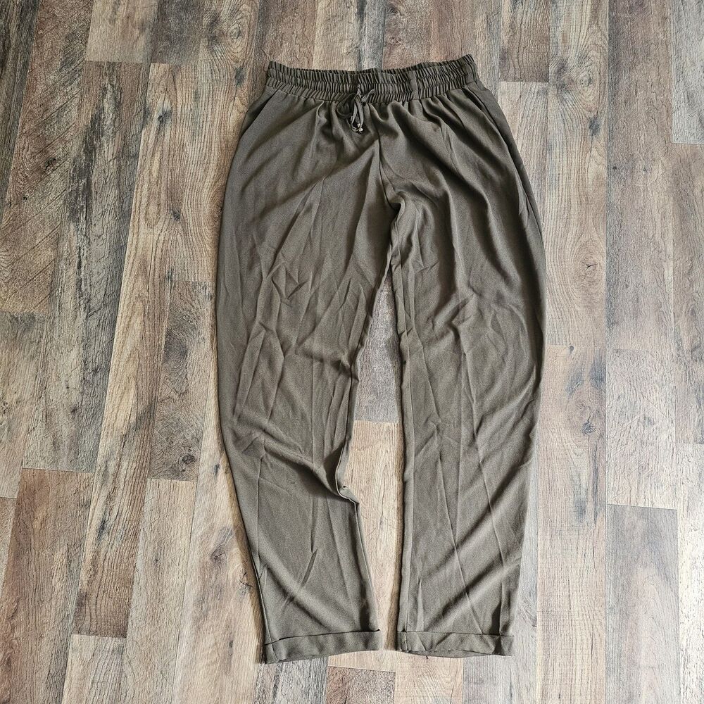 Yumi Mazao Olive Green Elastic Waist Trousers Earthy Minimalist Pants Womens M